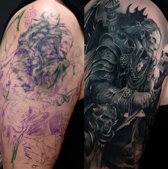 Black and Grey Warrior with Skull Arm Tattoo