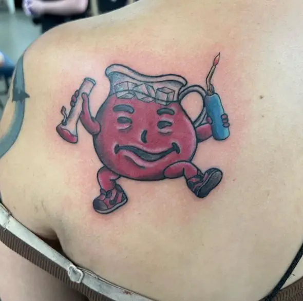 Kool-Aid Character Smoking Weed Back Tattoo