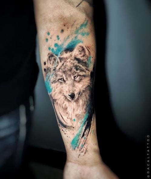 Colored Wolf Head Forearm Tattoo