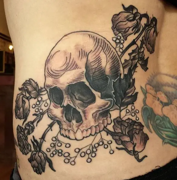 Skull and Dead Roses Back Tattoo