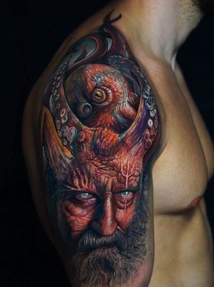 Octopus and Old Man Face Arm Tattoo