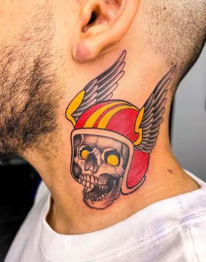 Skull with Flying Helmet Neck Tattoo