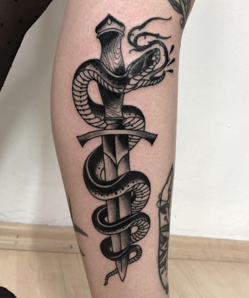 Black and Grey Snake and Dagger Calf Tattoo