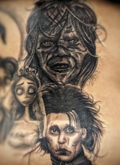 Black and Grey Horror Movies Characters Tattoo