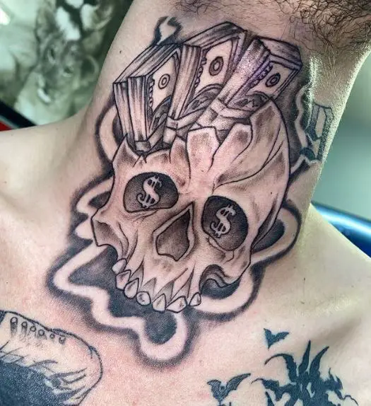 Dollars and Skull Neck Tattoo