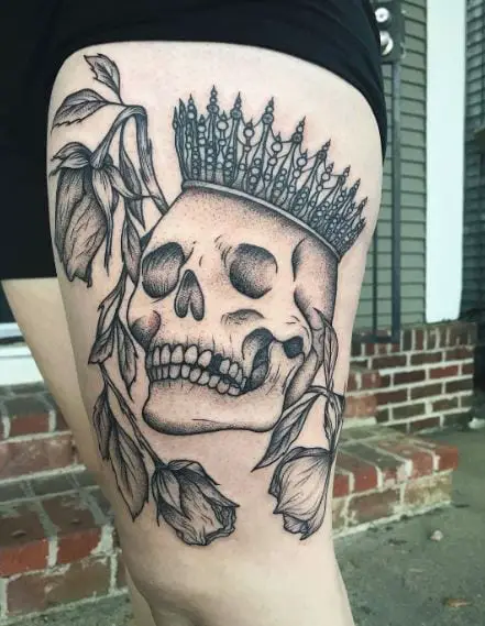 Skull with Crown and Dead Roses Thigh Tattoo