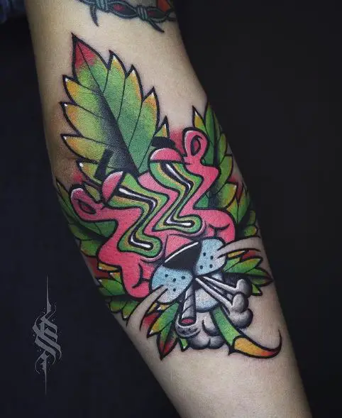 Marijuana Leaf and Pink Panther Smoking Weed Arm Tattoo