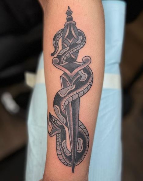 Colored Snake and Dagger Forearm Tattoo