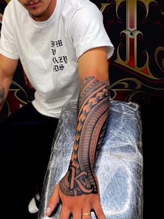 Samoan Tribal with Letter Forearm Sleeve Tattoo