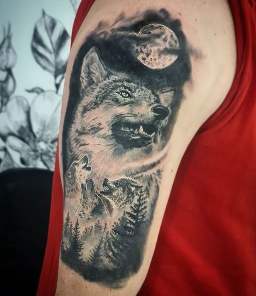 Night Landscape and Howling Wolfs Arm Tattoo