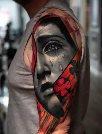 Colored Crying Face Arm Sleeve Tattoo