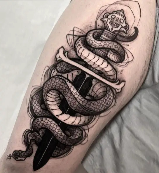 Black and Grey Snake and Dagger with Skull Arm Tattoo