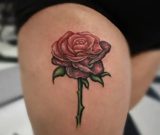 Dying Red Rose with Leaves Thigh Tattoo