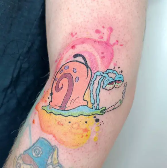 Colored Snail Smoking Weed Elbow Tattoo
