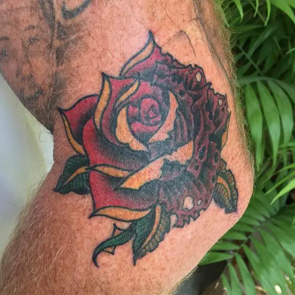 Dying Red Rose with Leaves Elbow Tattoo