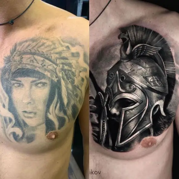Ancient Warrior with Helmet Chest Tattoo