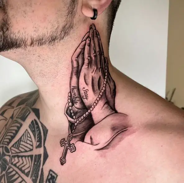 Praying Hands with Cross Neck Tattoo