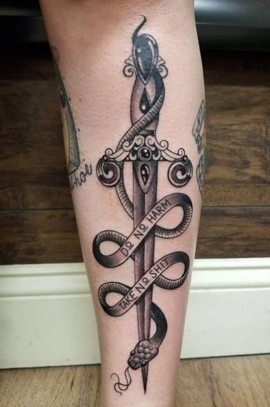 Black and Grey Snake and Dagger with Message Calf Tattoo