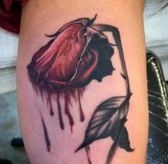 Dripping Dying Red Rose Arm Tattoo