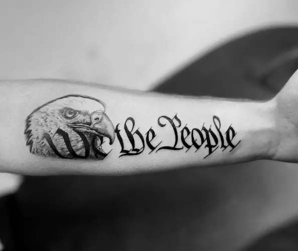 Realistic Eagle and We The People Forearm Tattoo