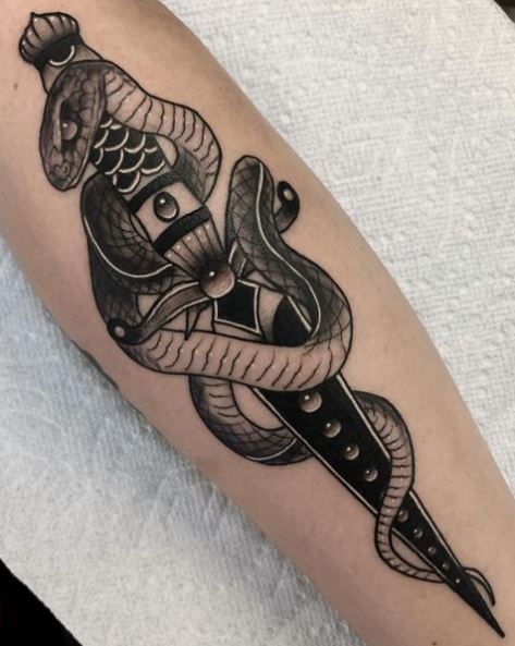 Black and Grey Snake and Dagger with Jewels Forearm Tattoo