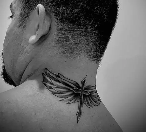 Black and Grey Wings and Cross Neck Tattoo