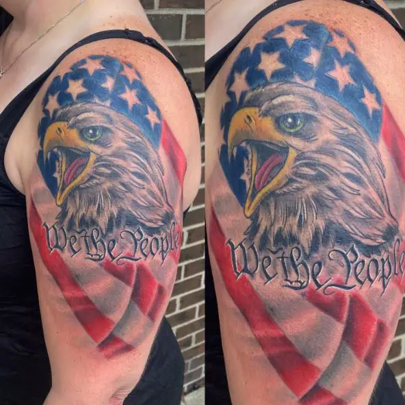 Colorful Eagle and We The People Arm Tattoo