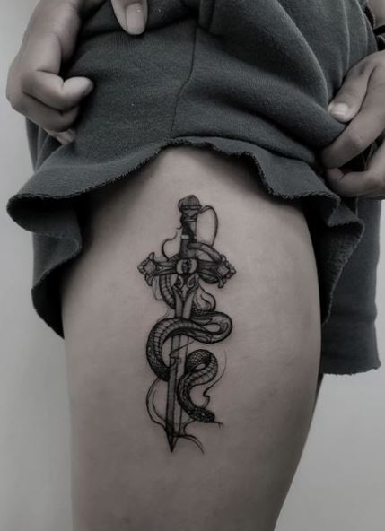 Black and Grey Snake and Dagger Thigh Tattoo