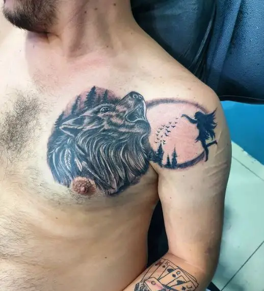 Night Landscape with Girl and Howling Wolf Chest Tattoo