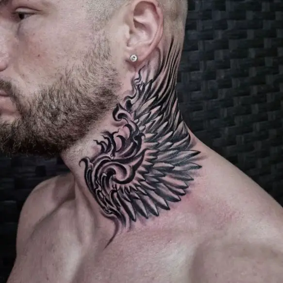 Black and Grey Angel Wings Neck Tattoo