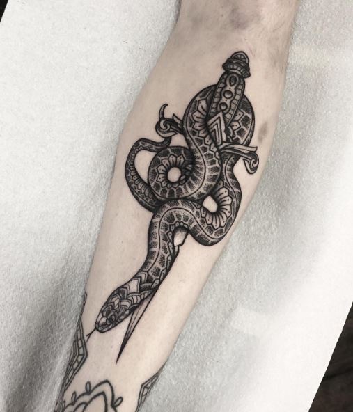 Black and Grey Snake and Dagger Forearm Tattoo