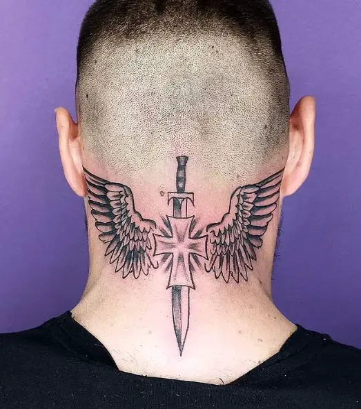 Sword and Cross with Angel Wings Neck Tattoo