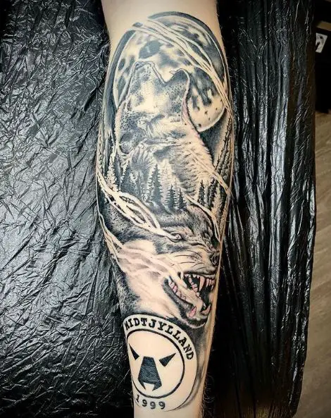 Full Moon and Howling Wolves Forearm Tattoo