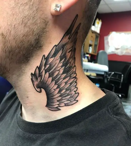 Black and Grey Wing Neck Tattoo