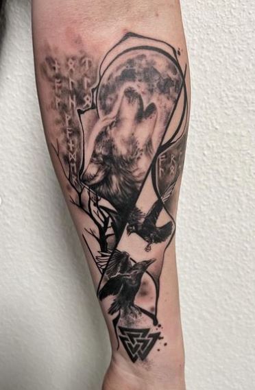 Crows and Howling Wolf Forearm Tattoo