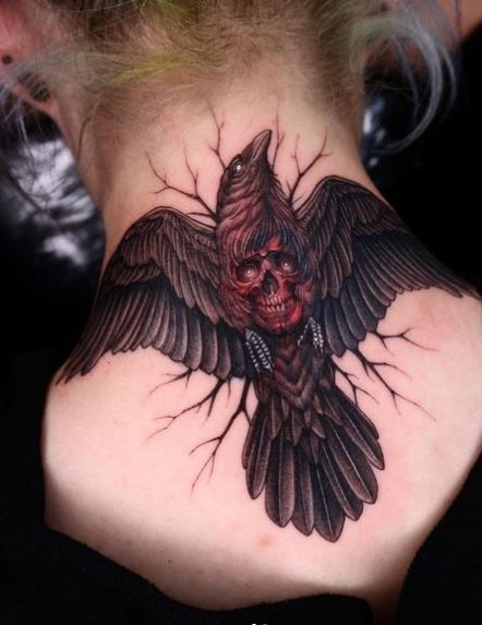 Black Crow with Red Skull Neck Tattoo