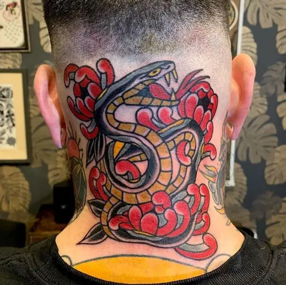 Red Flowers and Snake Neck Tattoo