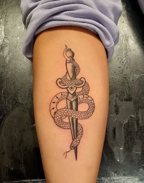 Black and Grey Snake and Dagger Calf Tattoo