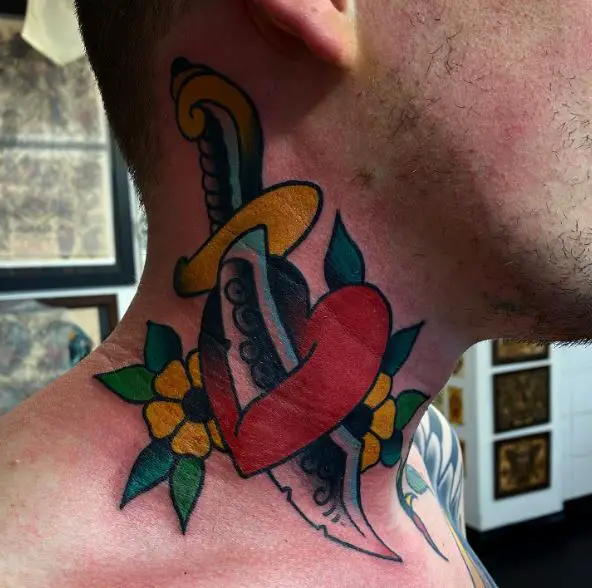 Stabbed Heart and Flowers Neck Tattoo