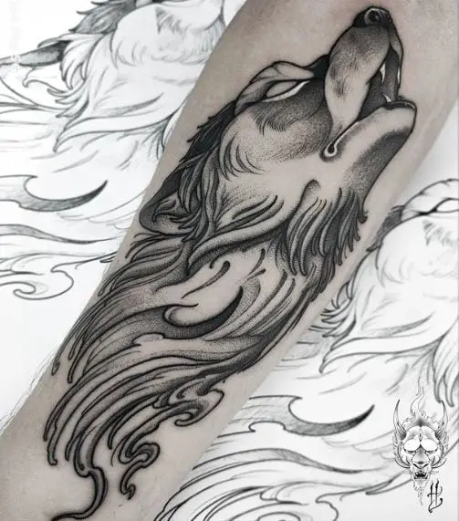 Black and Grey Howling Wolf Arm Tattoo
