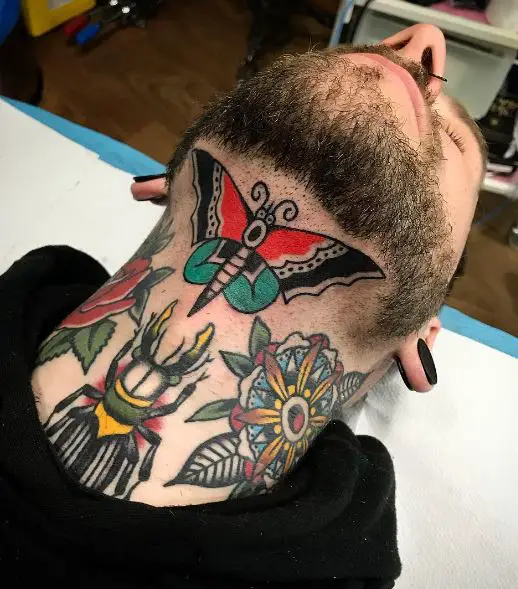 Colorful Bug and Butterfly Neck Tattoo