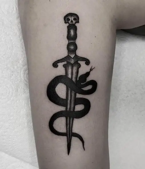 Black and Grey Snake and Dagger with Skull Tattoo