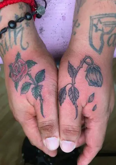 Red Rose and Dead Rose Hands Tattoos