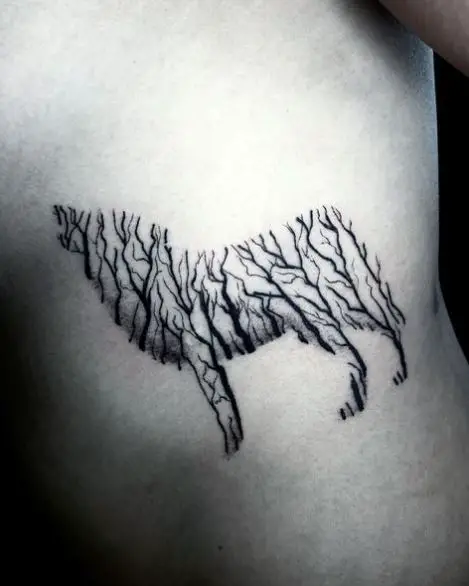 Forest in Shape of Howling Wolf Ribs Tattoo