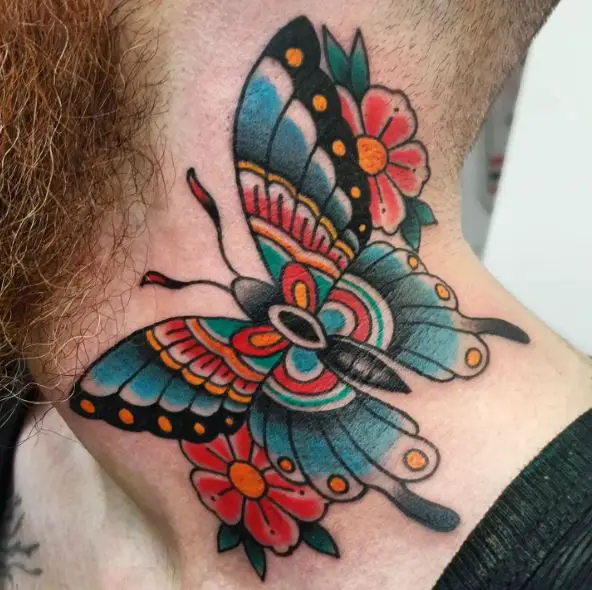 Red Flowers and Butterfly Neck Tattoo