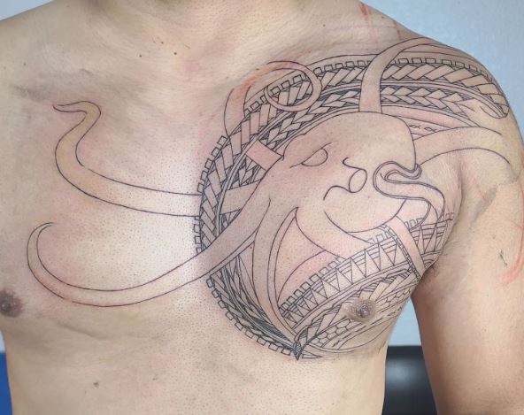 Octopus and Samoan Tribal Chest Tattoo