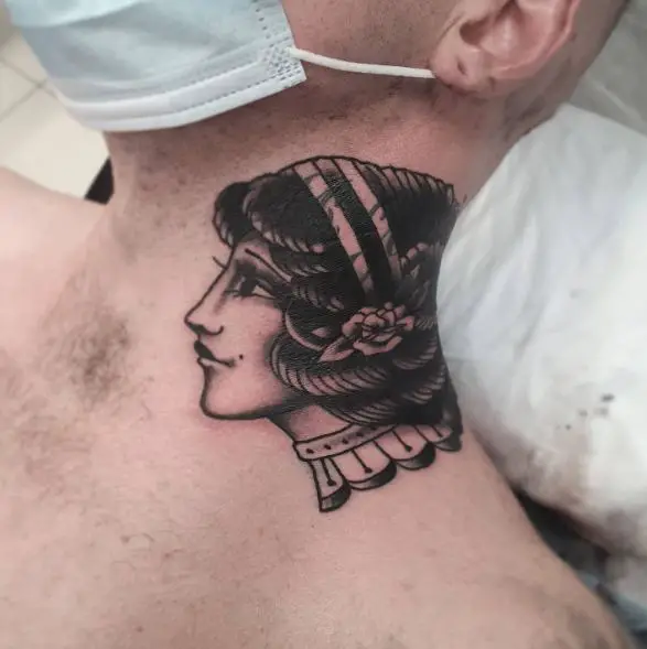 Black and Grey Lady's Head Neck Tattoo
