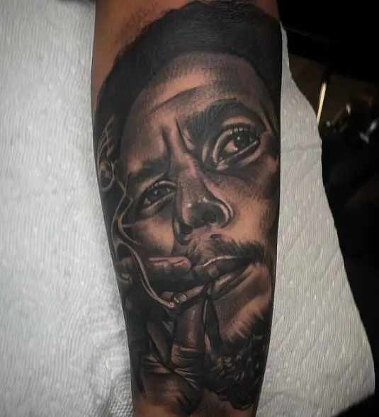 Grey Shaded Bob Marley Smoking Weed Tattoo