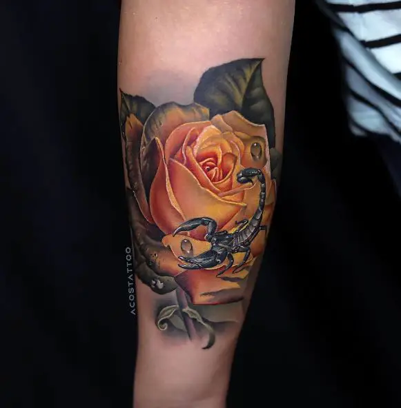 Scorpion and Dying Yellow Rose Forearm Tattoo