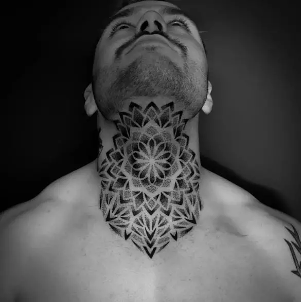 Black and Grey Mandala Throat Tattoo